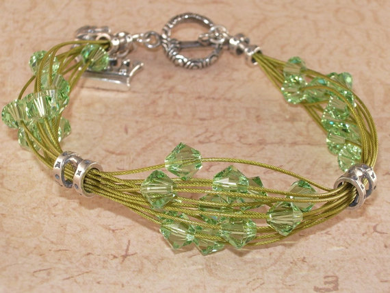 Multi Strand Green Bracelet, Swarovski Crystal, Peridot, Charm, Frog, Crown, Bali, Sterling Silver, Handmade Jewelry by DDurda