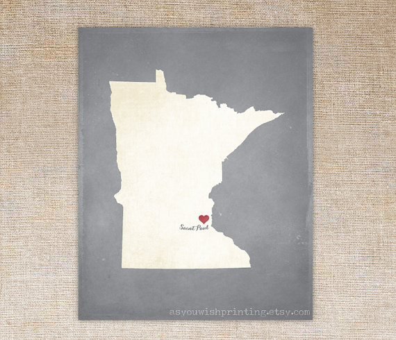 Customized Minnesota 8 x 10 State Art Print, State Map, Heart, Silhouette, Aged-Look Print by AsYouWishPrinting