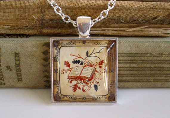Book Necklace - Antique Print Pendant W / Chain in Silver by TheLysineContingency