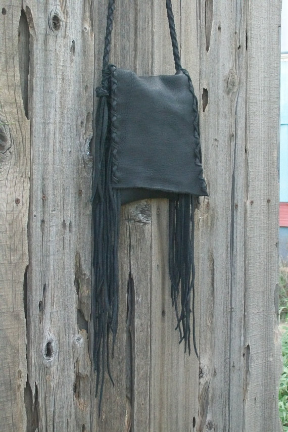 Black leather handbag, Fringed leather phone bag, Black crossbody purse by thunderrose