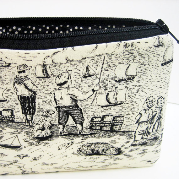 Seaside Toile, Small Zippered Pouch, Coin Purse by OceanPatch