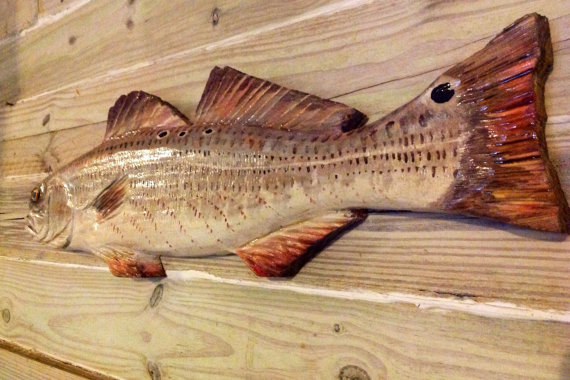 Redfish 30 & quot; chainsaw carved saltwater gamefish wood sculpture spottail bass decoration realistic Red Drum taxidermy indoor / outdoor wall art by oceanarts10