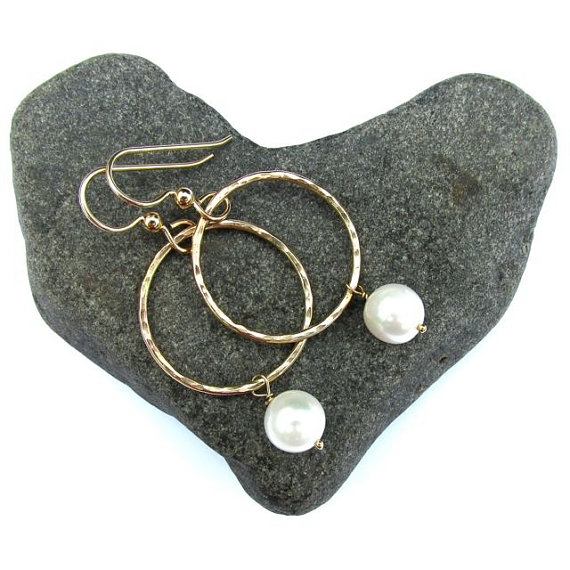 White Pearl Earrings, Gold Hammered Hoops, Elegant, Bridal Accessories, Wedding Jewelry by HanaMauiCreations