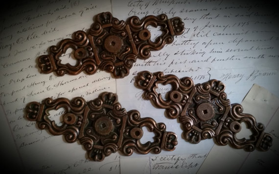 Antique Salvaged Hardware Big Gorgeous Ornate Copper Metal Backplate Hardware Escutcheons Door Drawer Pull Covers by ZoeAmaris