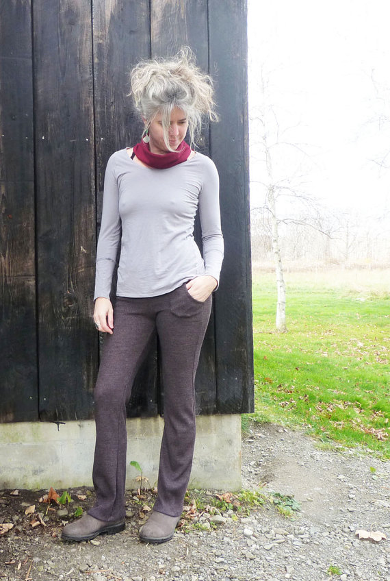 Organic Clothing - Boot Cut Pocket Pants - Wool Rib Knit - Made to Order - Shown in Heather Brown by woolenmoss