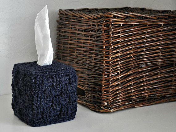 Tissue Box Cover Modern Home Decor Navy Blue Basket Weave by AandBDesignStudio