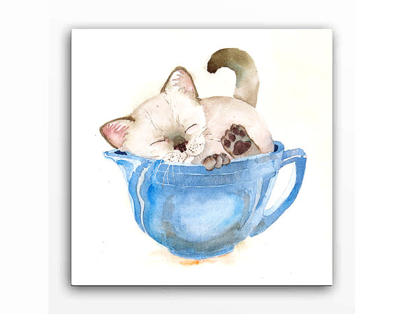Christmas Sale / Siamese Cat Art / Watercolor Print / Kitten in cup Art / Animal Painting / Pet art Kitten / Cat theme wall art / 8 x 10 C by LaBerge