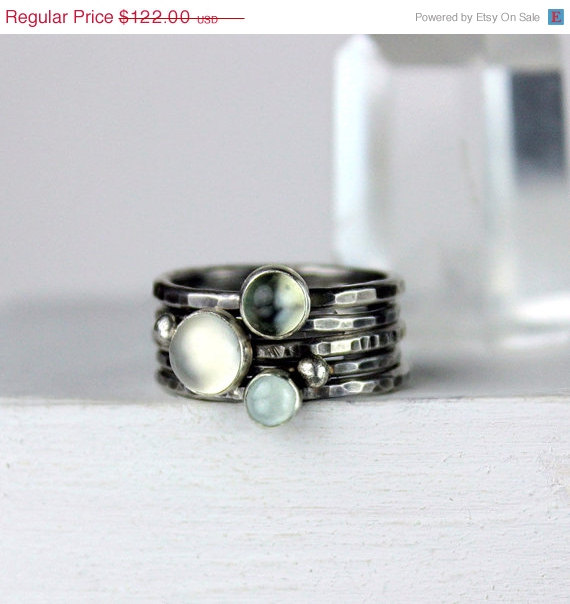 ON SALE Silver Stacking Rings with Moonstone and Aquamarine, Stackable Ring Set, Recycled Sterling by bespokenjewelry