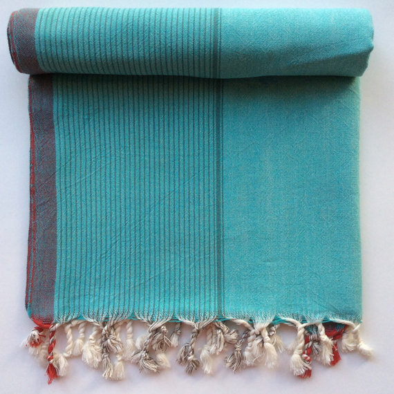 TURQUOISE Fouta towel hamam beach pool yoga spa striped turkish cotton handloomed soft by FIGistanbul