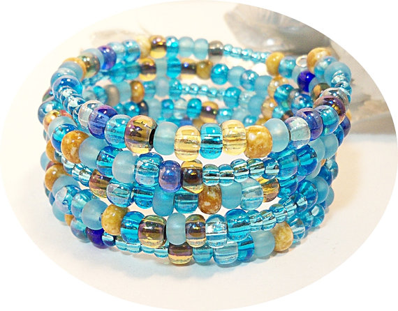 Blue Bracelet, Memory Wire Bracelet, Aqua Bracelet, Wrap Bracelet, Beaded Bracelet, Multicolored Bracelet, Bahama Blue, Beach Wedding by BrightSpotDesigns