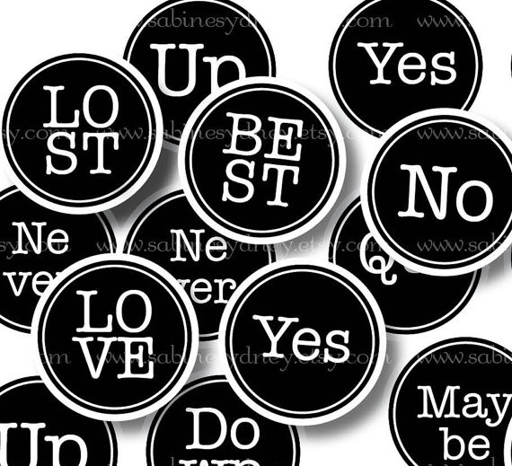 Typewriter Words - 1 Inch Circles - Digital Collage Sheet 1292 - Printable Download by ImageArts