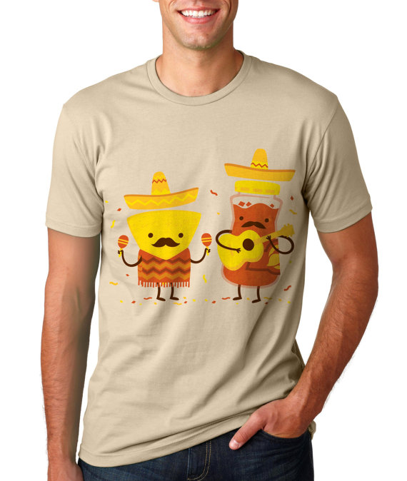 Mens Cinco De Mayo T Shirt, Mexican Chips and Salsa Shirt, Funny Mustache Music TShirt, SML XL 2XL by FuzzyInk