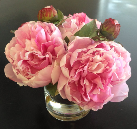 Fine Silk Floral Arrangement Faux Pink Peonies x3 In Round Vase with Illusion Faux Water by SkyDesignsUSA