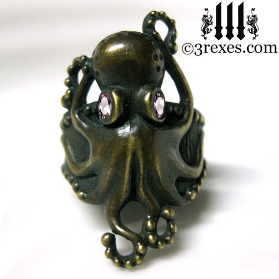 Octopus Ring Antiqued Dark Brass Gothic Pink CZ Eyes Size 5.5 by 3RexesJewelry
