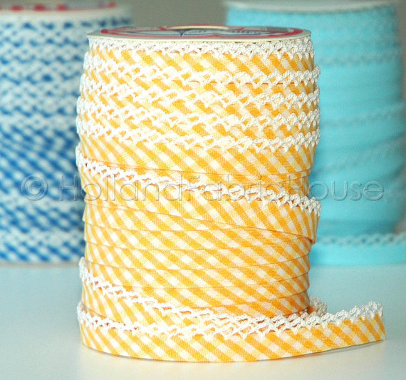 Double fold crochet edge bias tape, crochet bias tape, lace bias tape, yellow bias tape, yellow gingham bias tape, yellow bias binding by HollandFabricHouse