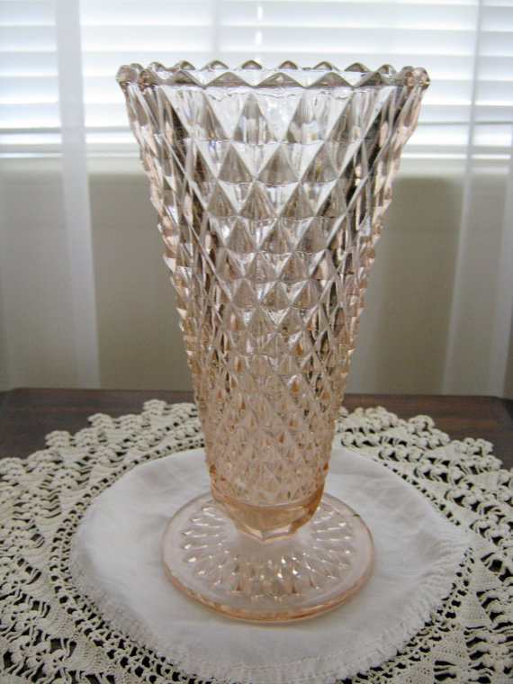 Vintage Pink Depression Glass Trumpet Flower Bouquet Diamond Pattern Vase by SloFabulous