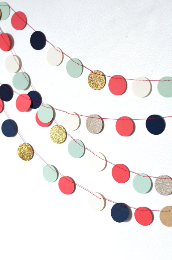 Navy, Mint, Gold, Coral and Cream Confetti Circles Garland by thePathLessTraveled