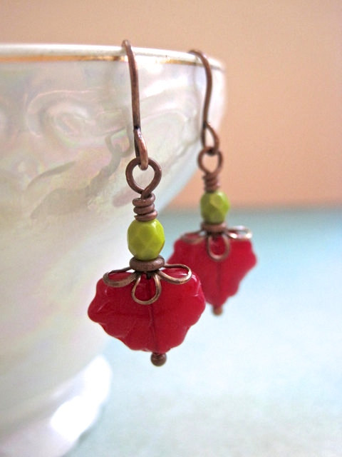 Japanese Maple Earrings Czech Glass Antiqued Copper Red Lime Green Dangle Botanical by CinnabarLounge