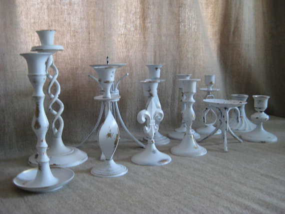 Cottage Chic Wedding Candle Holder Collection in White / Eclectic Shabby Candle Holder Collection / Collection of 12 White Candle Holders by dewdropdaisies
