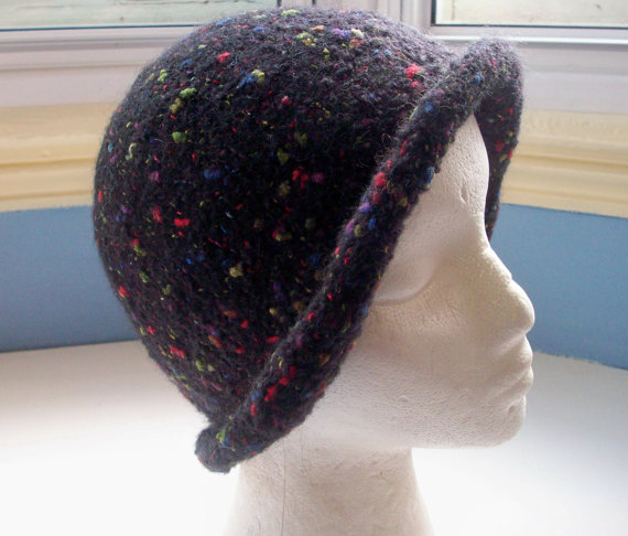 Hand knitted boiled wool felt hat black with fleck by SpinningStreak