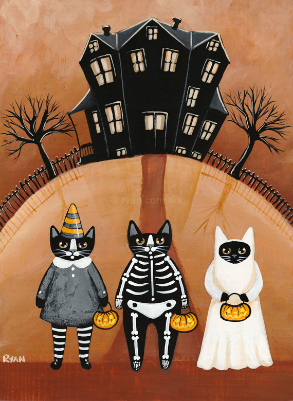 Trick or Treaters Original Halloween Cat Folk Art Painting by KilkennycatArt