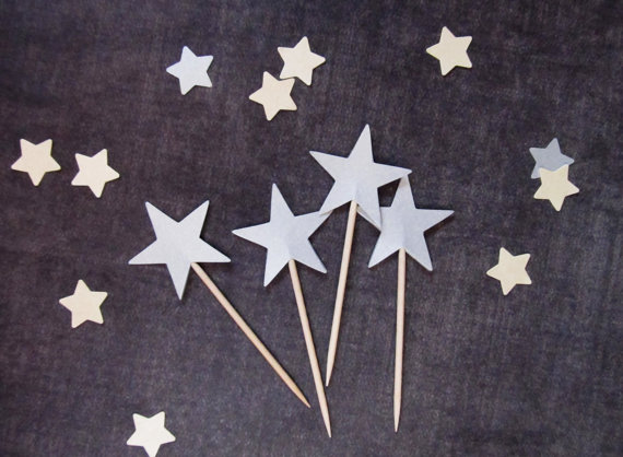15 Silver Shimmer Star Cupcake Toppers, Party Decor, Weddings, Showers, Birthdays by CatchSomeRaes