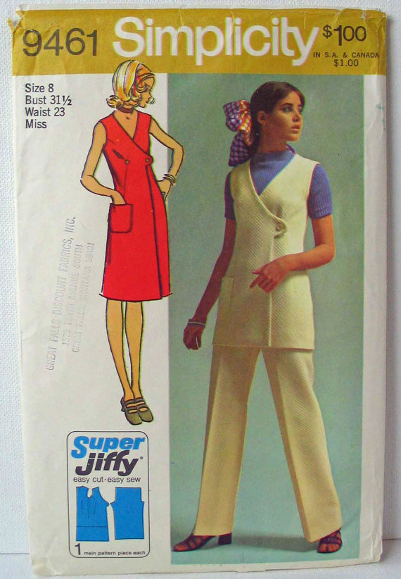 Simplicity 9461 60s Jiffy Wrap Dress, Wrap Vest, Elastic Waist Pants Size 8 Bust 31-1 / 2 & quot; by PassingFair