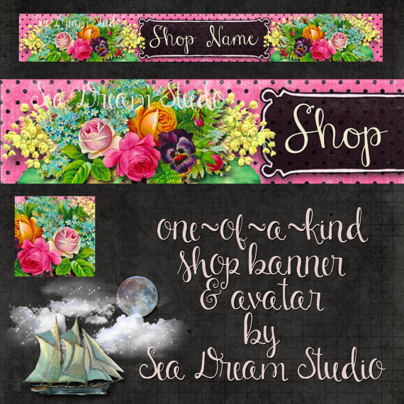 polka dots and flowers chalkboard style Etsy Shop Banner and Avatar by Sea Dream Studio one of a kind by SeaDreamStudio