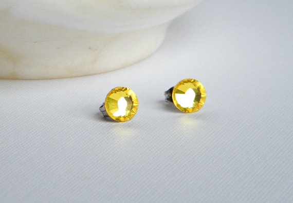 Yellow Swarovski Stud Earrings, Rhinestone Earrings, Yellow Post Earrings, Bridesmaid Earrings by BuddingCreations1