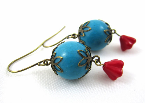 Blue Vintage Lucite and Red Flower Earrings by Peonia