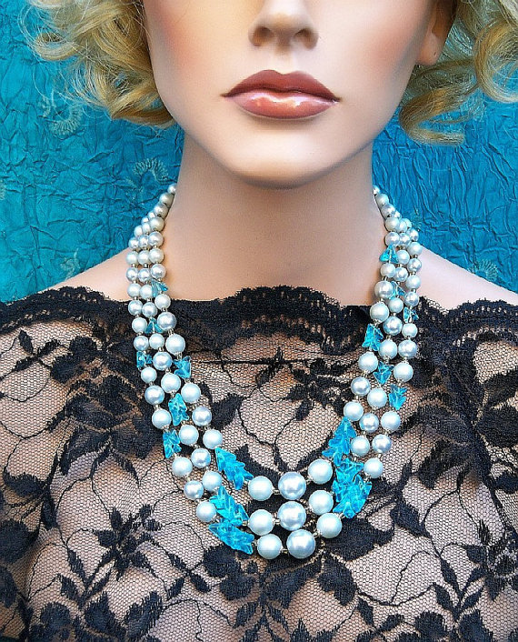Vintage bead necklace signed JAPAN blue faux pearl multi strand (ADS) by ElrondsEmporium