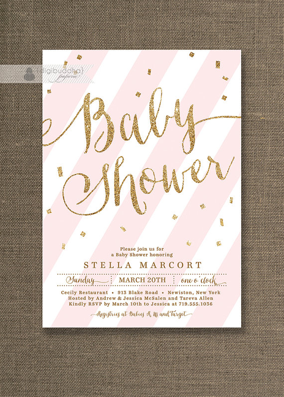 Blush Pink & Gold Glitter Baby Shower Invitation Confetti Pastel Stripes Baby Girl FREE PRIORITY SHIPPING or DiY Printable - Stella by digibuddhaPaperie