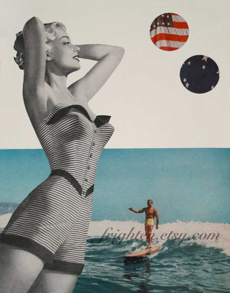 Retro Summer Original One of a Kind Paper Collage, American Girl, Ocean Pin up OoaK Art by frighten