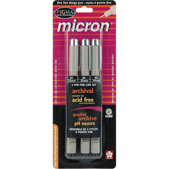 Pigma Micron Pen Set Assorted 3 Sizes Black Ink Fine Line - Archival & Acid Free (135203) by Ephemeratta