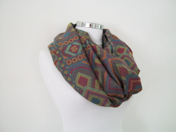 Pashmina woven infinity scarf, colorful geometric loop scarf, circle shawl, spring shawl by sascarves