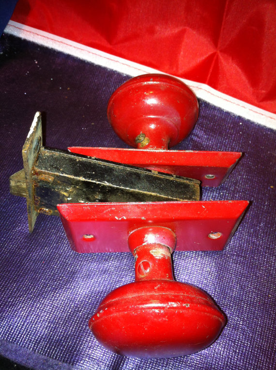 Old door knobs with inside catch, painted red by AuntieAnnsEmphorium