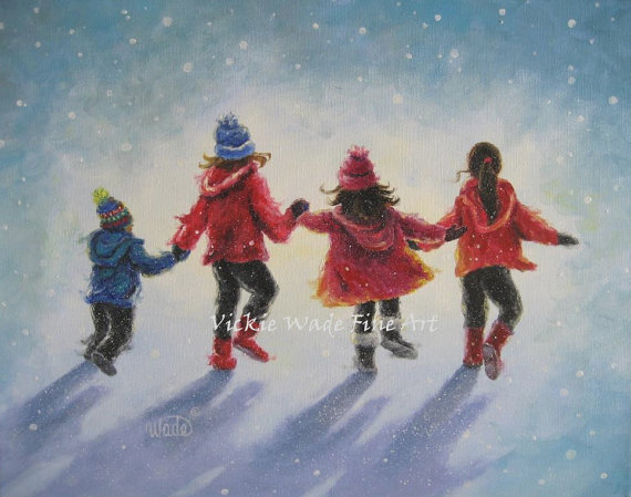 Four Snow Children Original Oil Painting 14X18 three sisters, little brother, four children paintings, winter blue wall art, Vickie Wade by VickieWadeFineArt