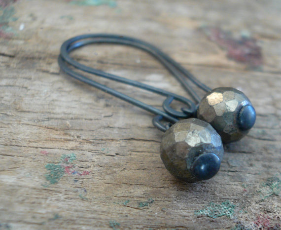Sway Earrings. Glitter - Handmade. Hand forged. Pyrite. Sterling Silver Oxidized Earrings by jNicDesigns