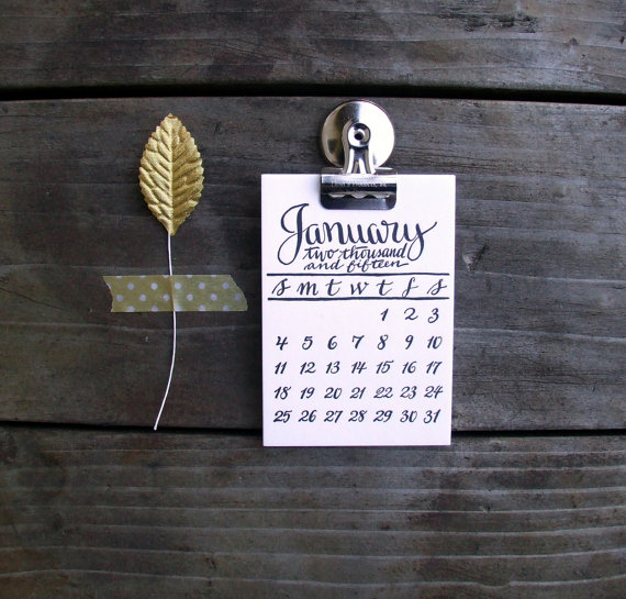 Sale 50% Off, Letterpress Calligraphy 2015 Calendar, Modern Hand Lettering, Mini Desk Calendar, Project Life Cards, Magnetic Fridge Calendar by KisforCalligraphy