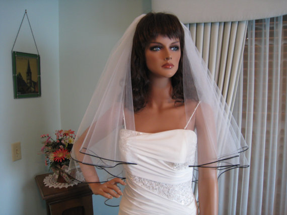 Shimmery White Wedding Veil with Black Satin Cord Edge Fingertip Length Bridal Veil 2 tiers 31 & 34 Inches Long Made in the USA 48667 by joyousillusions