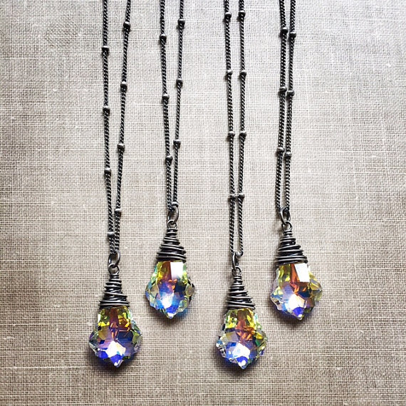 Swarovski Crystal Necklace, Baroque Rainbow AB Iridescent Necklace, Sterling Silver Beaded Chain Necklace by karinagracejewelry