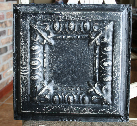 Genuine Antique Ceiling Tile - 12 & quot; x 12 & quot; - Distressed Black Paint - Egg and Dart Design by VINTAGEHOMEACCENTS