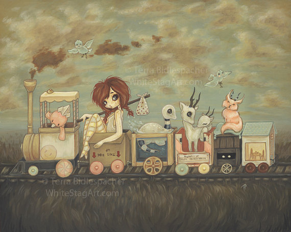 misfit hobo train girl whimsical fantasy fine art pop surreal print - lowbrow - Transient Railways by WhiteStag