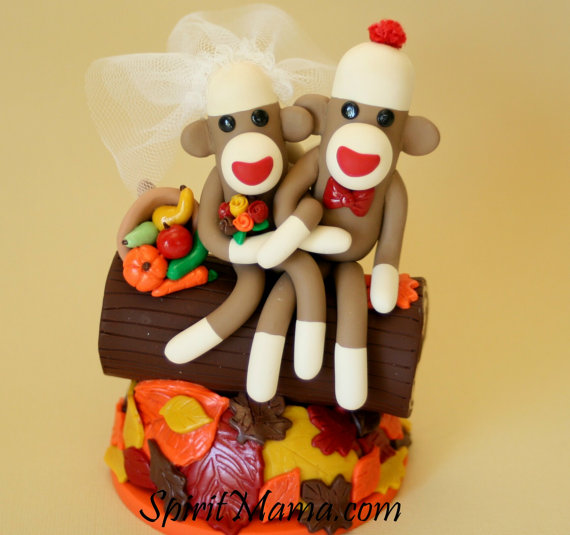 Autumn Leaves Bride And Groom Sock Monkey Wedding Cake Topper On A