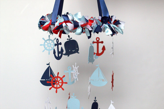 Nautical Nursery Mobile In Red Navy Baby Blue White Baby