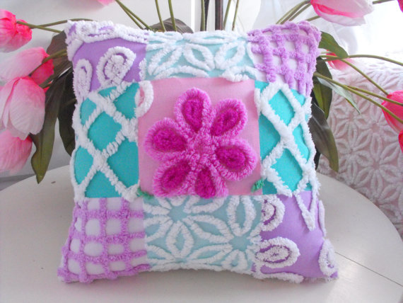 Sweetest Cottage Style Vintage Chenille Patchwork Pillow By