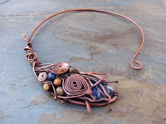 Wire Wrapped Necklace Sodalite Necklace Copper Wire Jewelry Torque ...