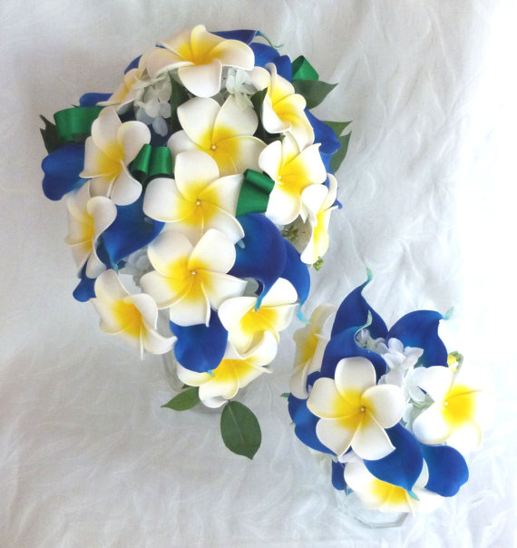 Plumeria And Blue Calla Lily Bouquet Set With Creme White